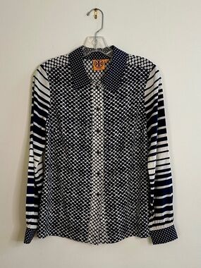 Tory Burch Silk Navy & White Polka Dot and Stripe Long Sleeve Blouse